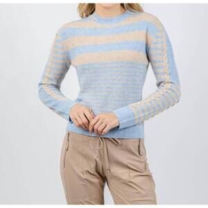NEW BRODIE CASHMERE cashmere mix stripe crewneck sweater in blue mist/cygnet